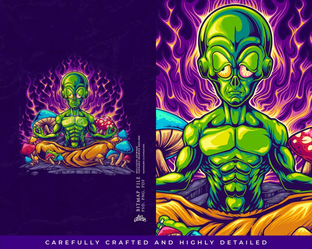 Alien Psychedelic Mushrooms And Purple Flames Artwork