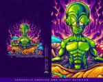 Alien Psychedelic Mushrooms And Purple Flames Artwork
