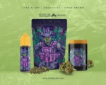 American warrior character with green botanical elements in a tactical-inspired cannabis packaging illustration