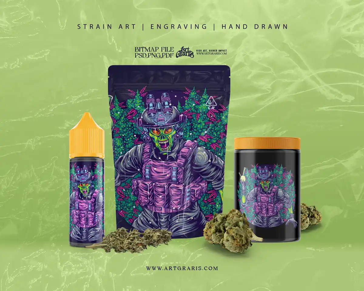 American Warrior Green Herb Tactical Operator Packaging American warrior character with green botanical elements in a tactical-inspired cannabis packaging illustration