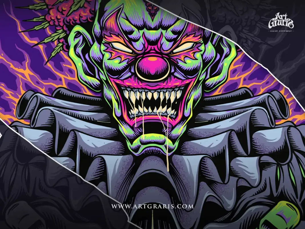 Mad jester character with sharp fangs and luminous dank flora Cannabis