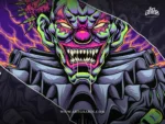 Mad jester character with sharp fangs and luminous dank flora Cannabis