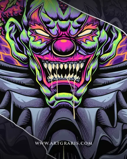 Mad jester character with sharp fangs and luminous dank flora Cannabis