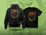 Pumpkin headed man in purple suit holding sticky green weed bud and smoking.