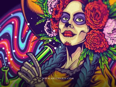 Beautiful Mexican La Catrina holding a detailed marijuana glass bong with colorful Day of the Dead artwork