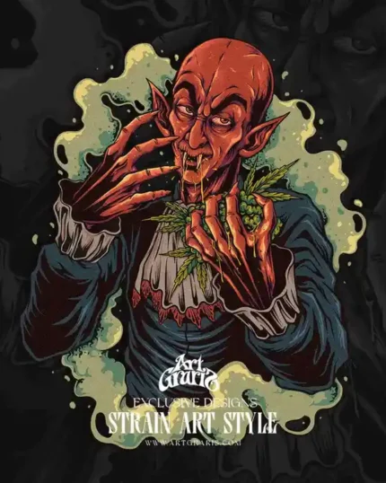 Red skinned vampire creature holding green buds surrounded by hazy herbal smoke clouds.