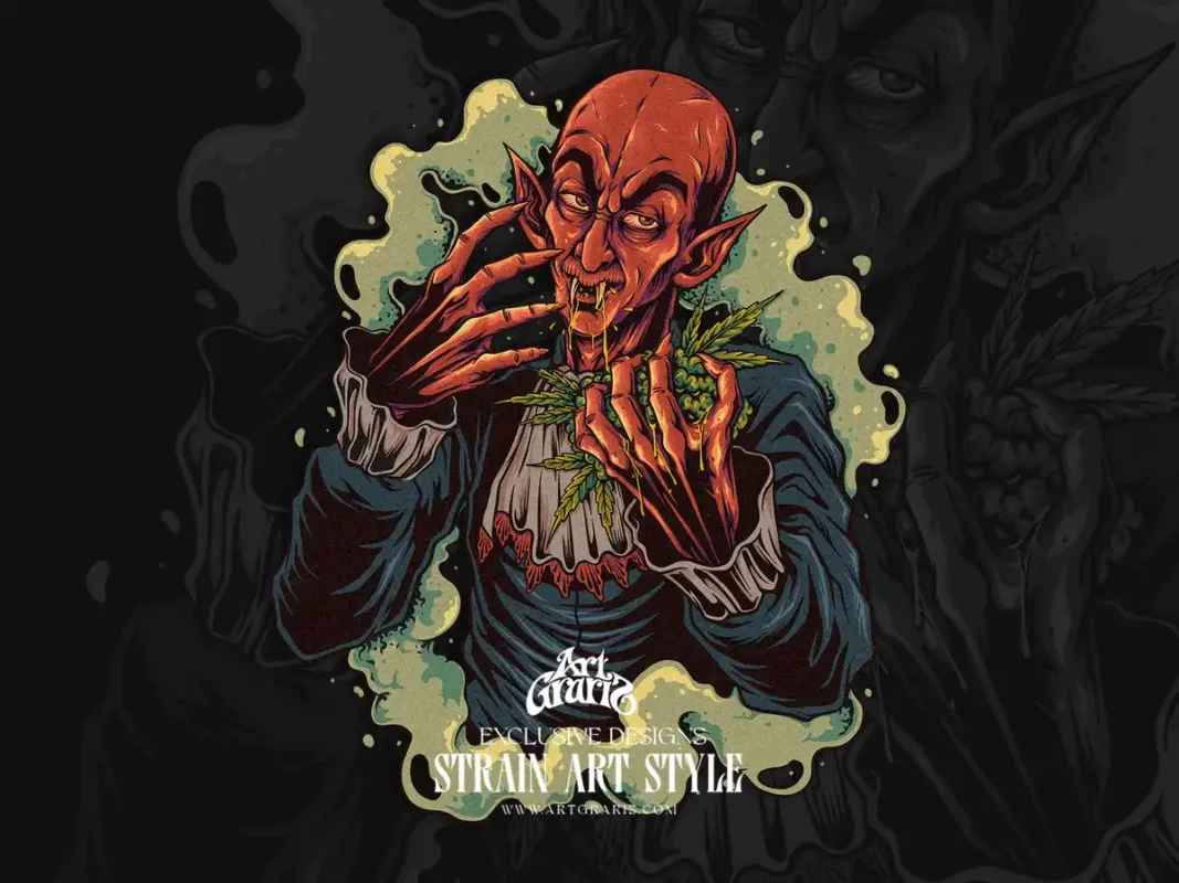 Red skinned vampire creature holding green buds surrounded by hazy herbal smoke clouds.