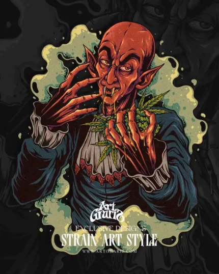 Red skinned vampire creature holding green buds surrounded by hazy herbal smoke clouds.