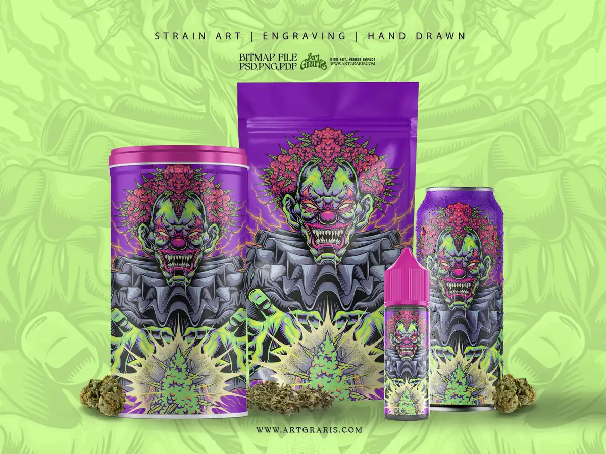 Carnival Freak Show Kush Alchemist Spirit Dispensary Labels Frightening clown with pink bud hair casting spells over green herb