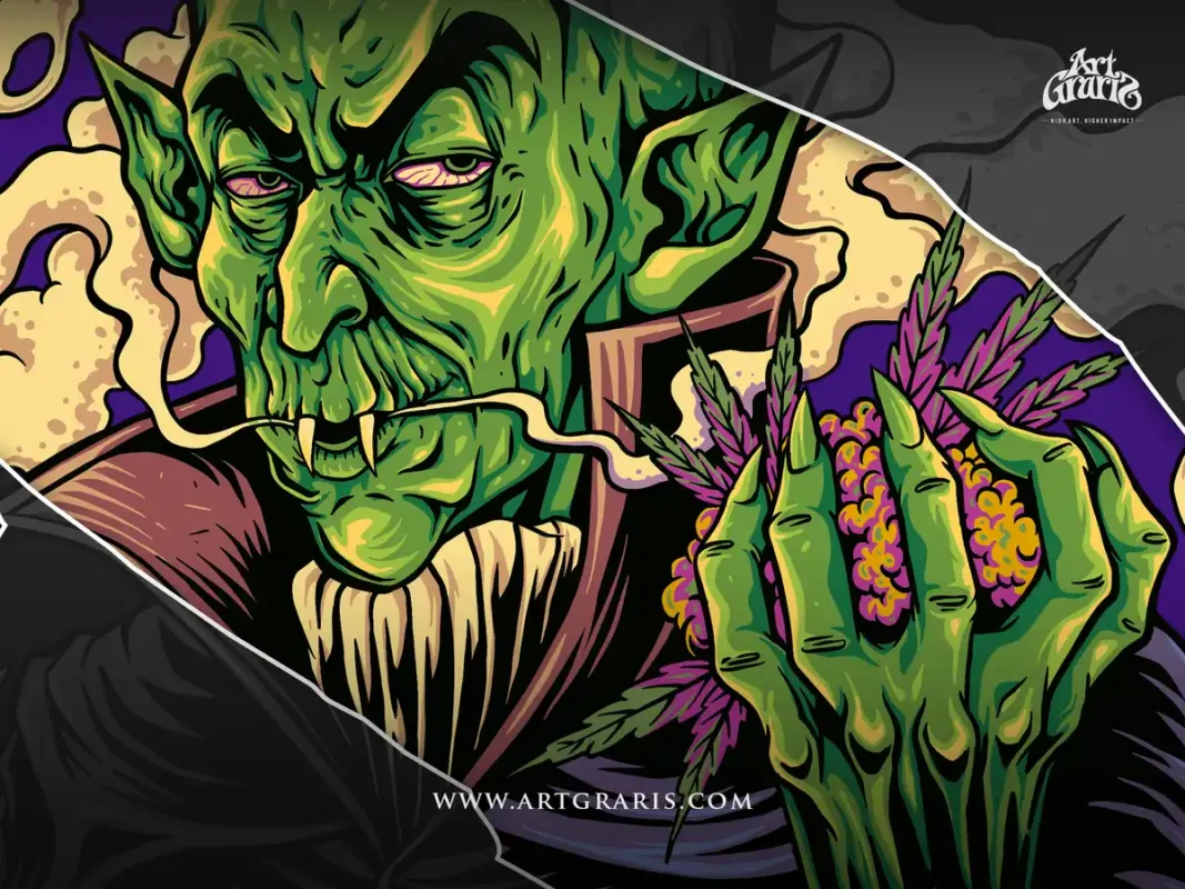 Gothic green creature with fangs clutching sticky herb surrounded by thick aromatic smoke