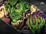 Gothic green creature with fangs clutching sticky herb surrounded by thick aromatic smoke