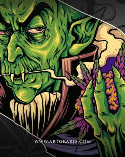 Gothic green creature with fangs clutching sticky herb surrounded by thick aromatic smoke