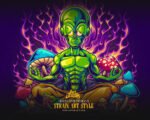 Cosmic Alien Meditating Amidst Vibrant Psychedelic Mushrooms