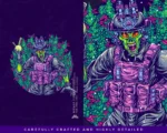 Cosmic mutant military character surrounded by green botanical buds and swirling smoke