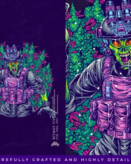 Cosmic mutant military character surrounded by green botanical buds and swirling smoke