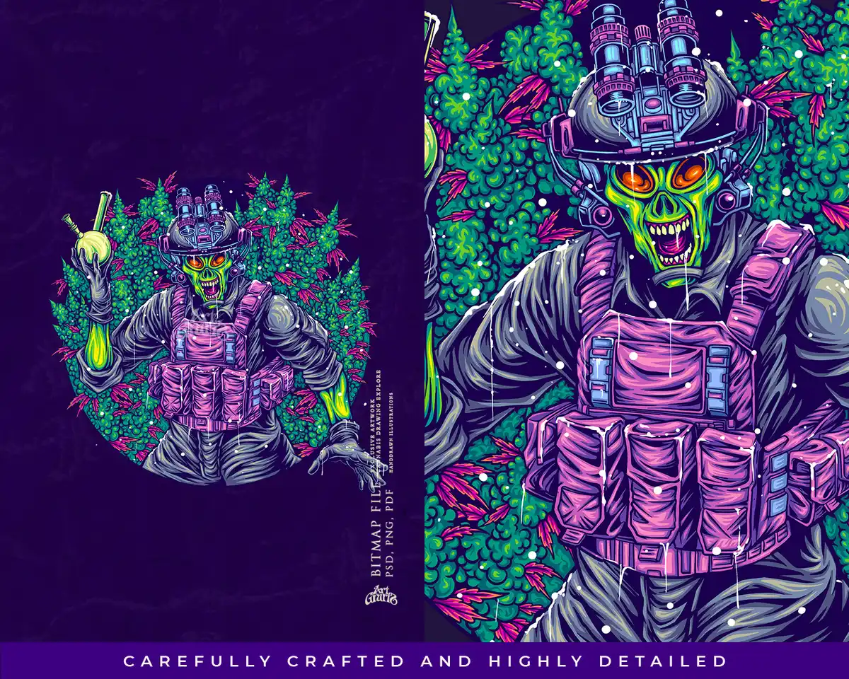 Cosmic Military Mutant Green Bud Smoke Legend Cosmic mutant military character surrounded by green botanical buds and swirling smoke