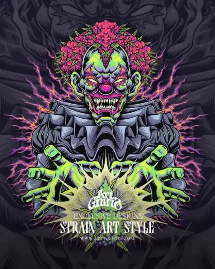 Angry green clown conjuring a glowing herb bud with purple hair fluff