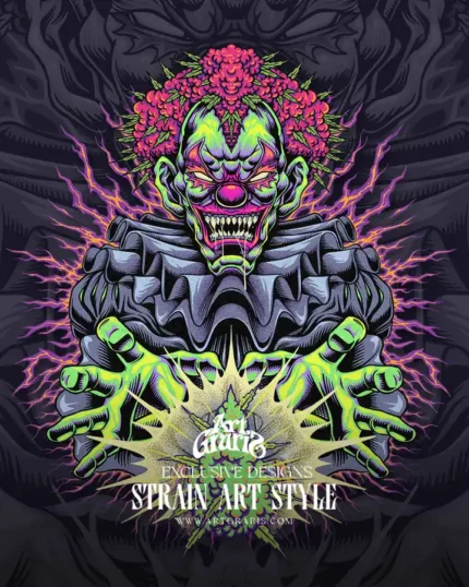 Angry green clown conjuring a glowing herb bud with purple hair fluff