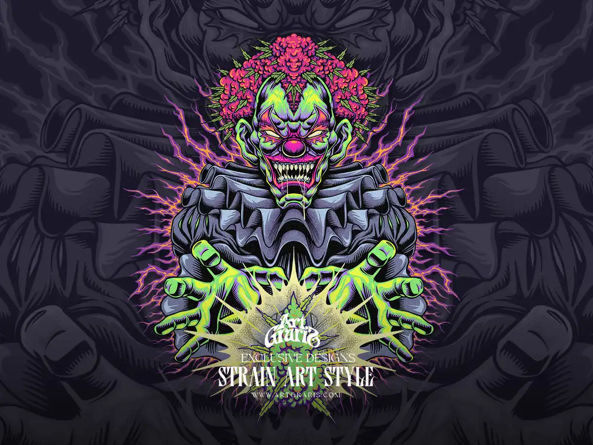 Creepy Clown Weed Monster Circus Cult Halloween Artwork Angry green clown conjuring a glowing herb bud with purple hair fluff