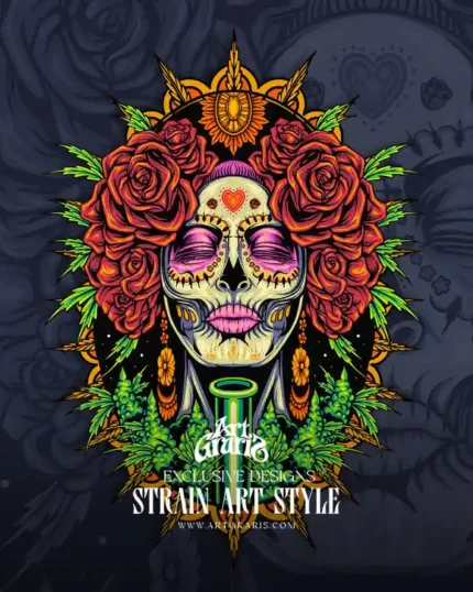 Día de Muertos floral death mask and terpene queen illustration