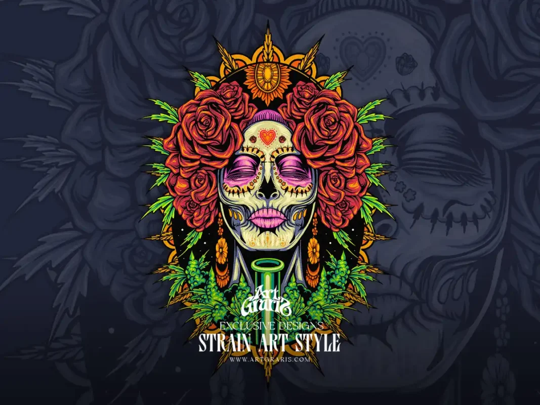 Día de Muertos floral death mask and terpene queen illustration