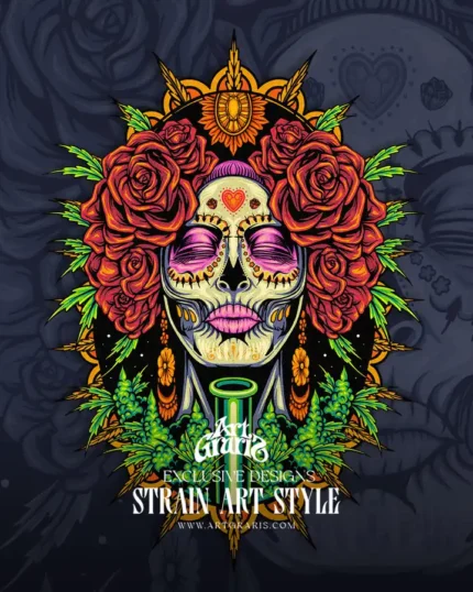 Día de Muertos floral death mask and terpene queen illustration