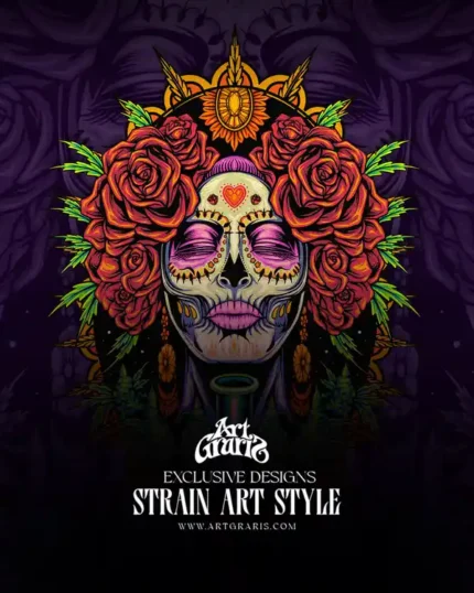 Día de Muertos floral death mask and terpene queen illustration