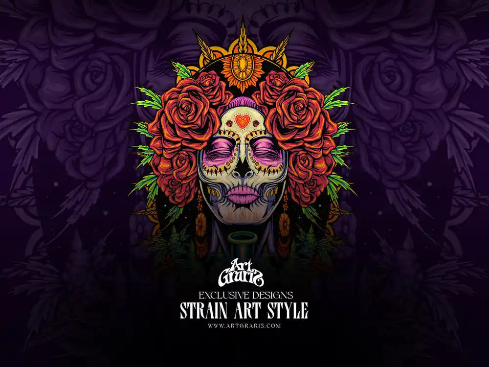 Día de Muertos floral death mask and terpene queen illustration