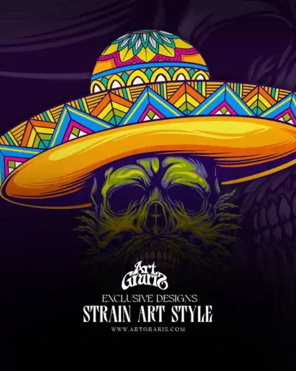 Día de los Muertos mariachi skull with terpene and heavy smoke inspired details