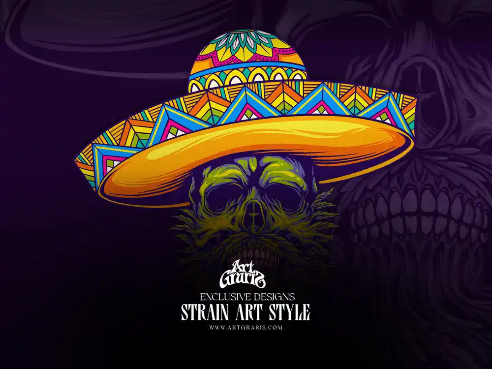 Día de los Muertos mariachi skull with terpene and heavy smoke inspired details