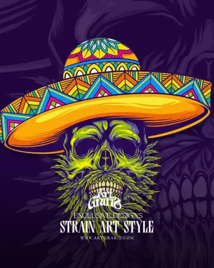 Sugar skull graphic decorated sombrero and potent strain foliage Mascot Logo.