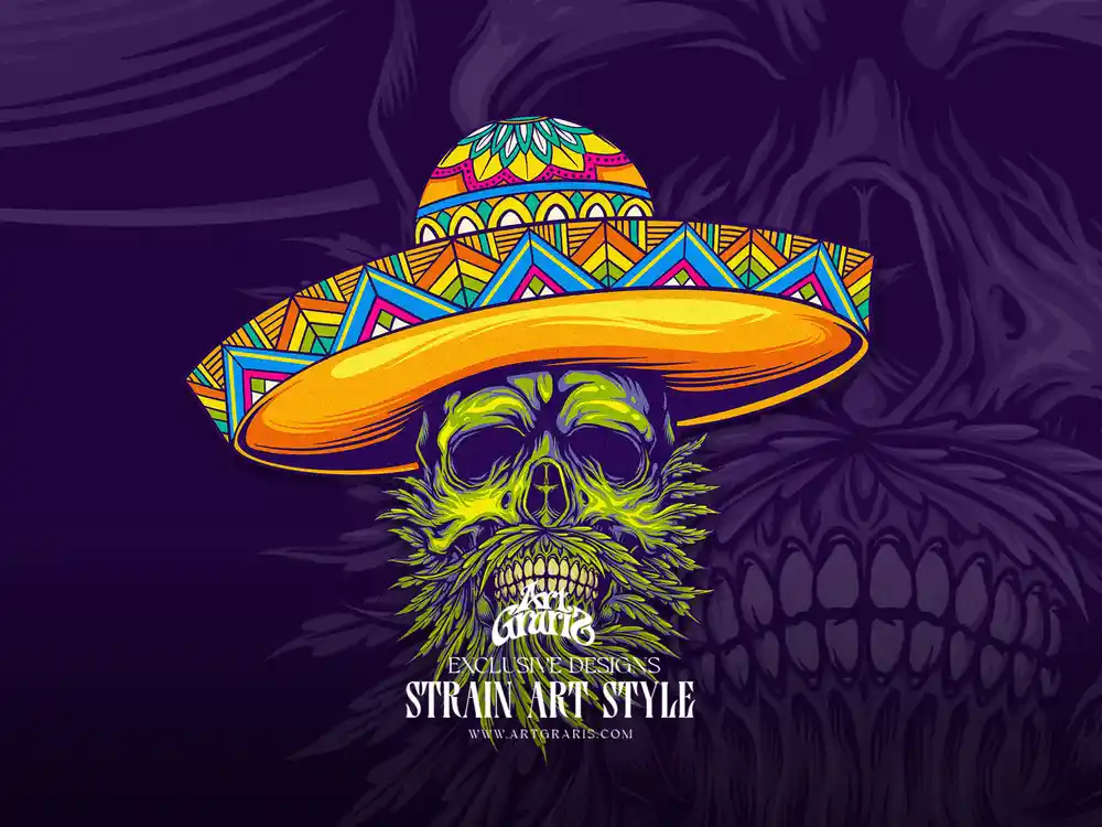Sugar skull graphic decorated sombrero and potent strain foliage Mascot Logo.