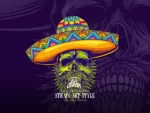 Sugar skull graphic decorated sombrero and potent strain foliage Mascot Logo.