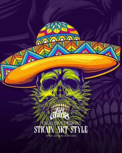 Sugar skull graphic decorated sombrero and potent strain foliage Mascot Logo.