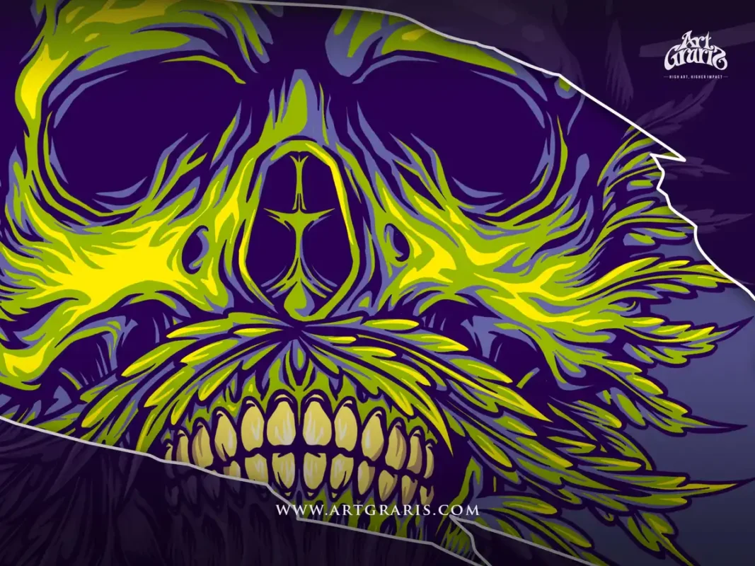 Skull art featuring a vibrant sombrero and dense green chronic beard.