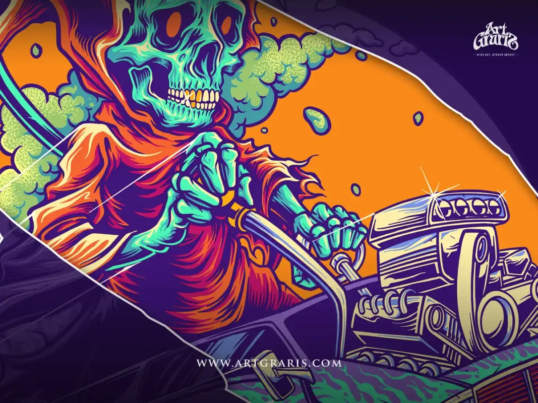 Grim Reaper driving a flaming hot rod surrounded by green herb smoke clouds