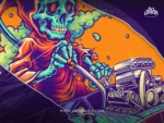 Grim Reaper driving a flaming hot rod surrounded by green herb smoke clouds
