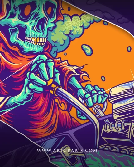 Grim Reaper driving a flaming hot rod surrounded by green herb smoke clouds