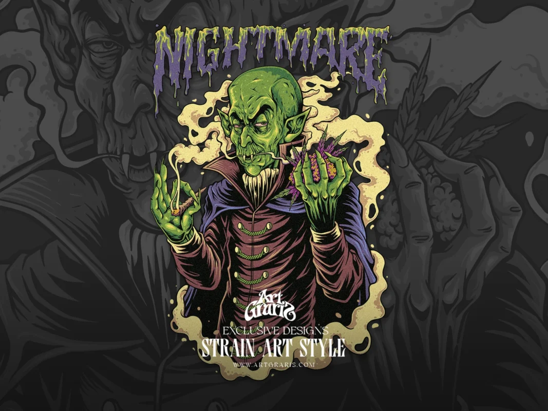Detailed illustration of green fanged vampire holding purple buds and smoking joint with nightmare text