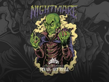 Detailed illustration of green fanged vampire holding purple buds and smoking joint with nightmare text