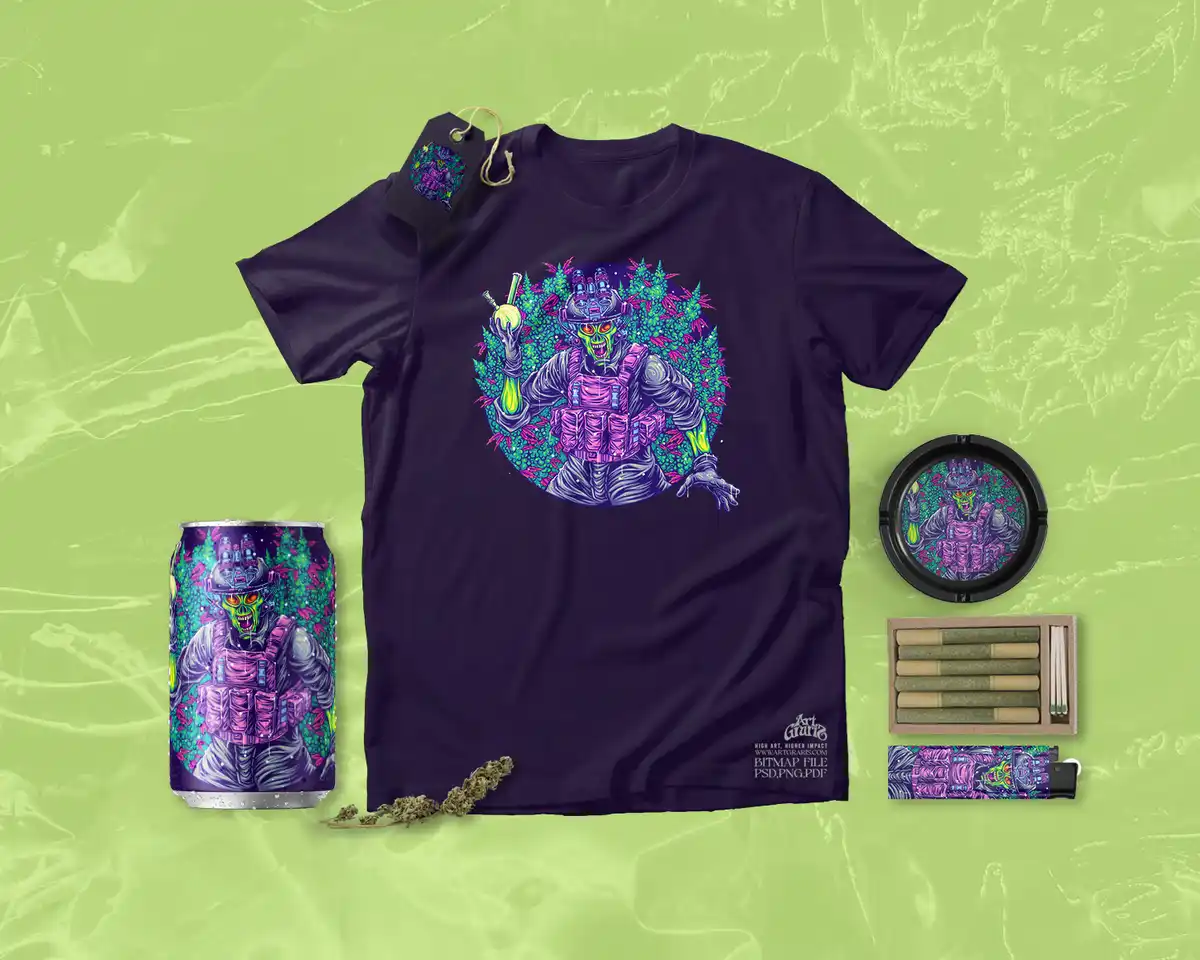 Green Alien Soldier Special Ops Smoking Chronic Session Merch Green alien soldier in special operations gear during a surreal smoking session illustration