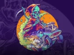 Skeletal reaper driving a custom muscle car with roaring engine and dank smoke