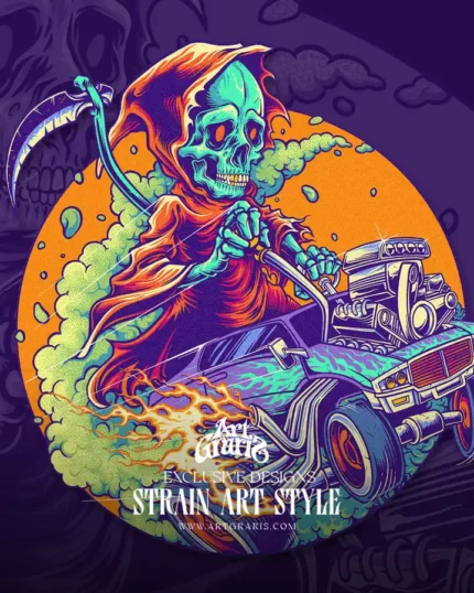 Skeletal reaper driving a custom muscle car with roaring engine and dank smoke