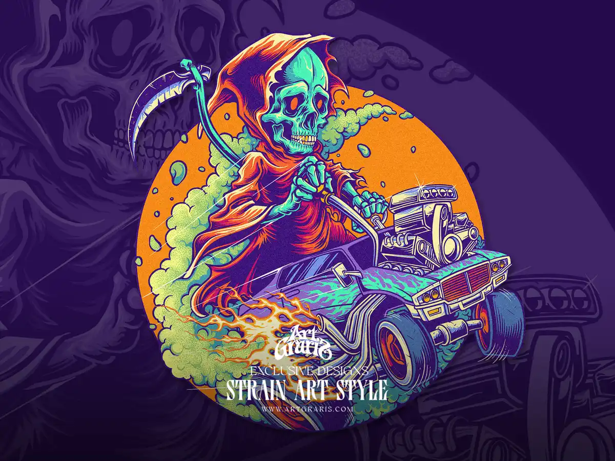 Grim Reaper Hot Rod Smoke Legend Illustrations Skeletal reaper driving a custom muscle car with roaring engine and dank smoke