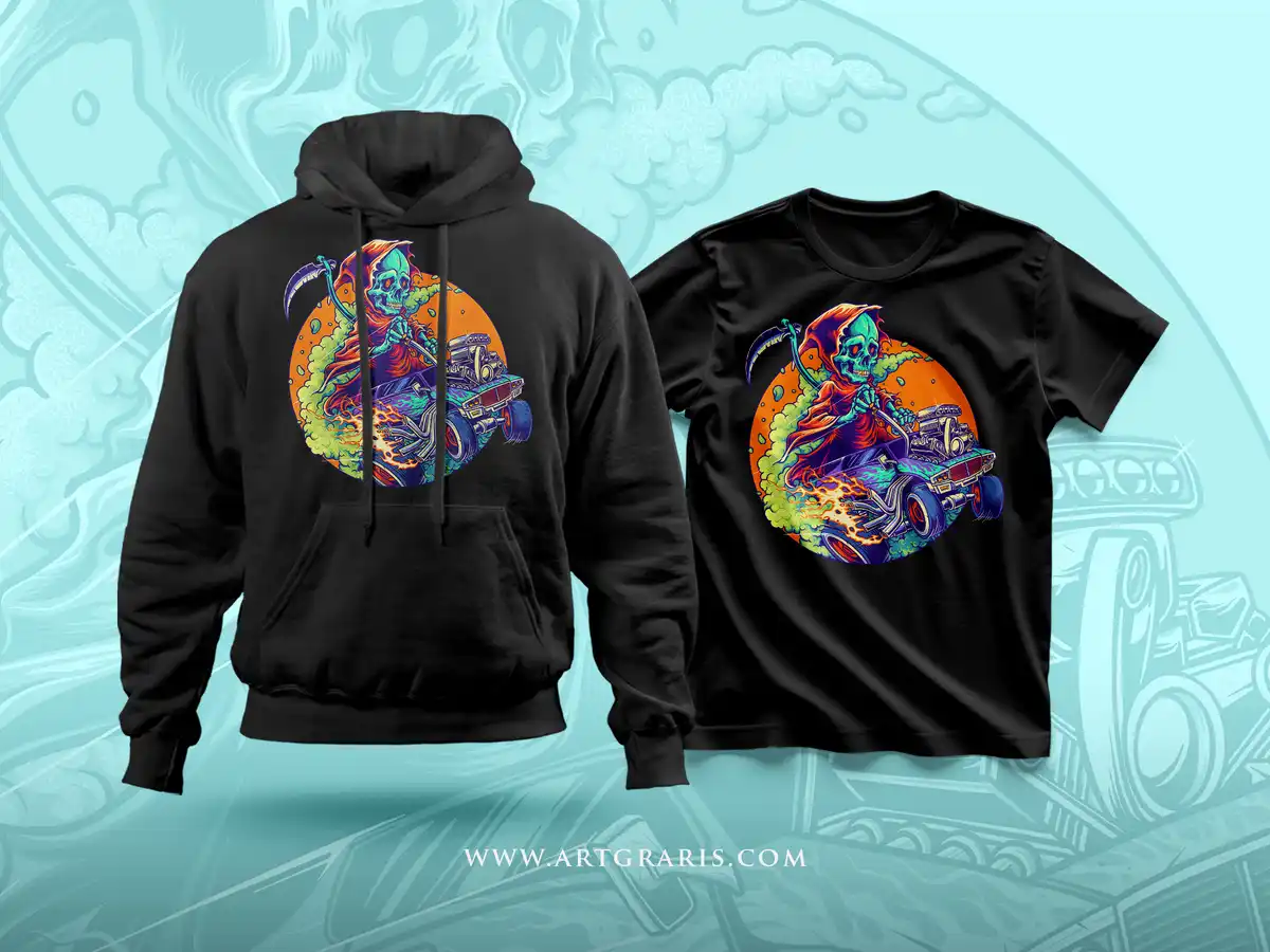 Halloween Death Pedal To Metal Kush Racer Apparel Green skeleton reaper driving a supercharged hot rod through a smoky Sunset
