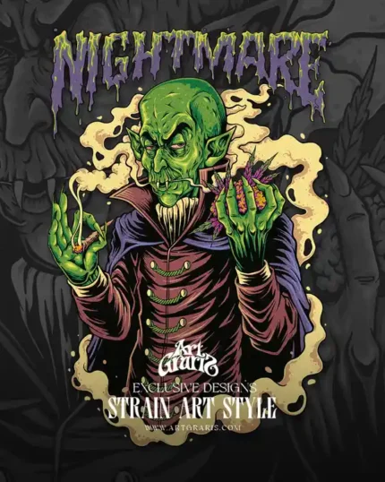 Green vampire character holding sacred purple buds and smoking joint amid yellow smoke clouds