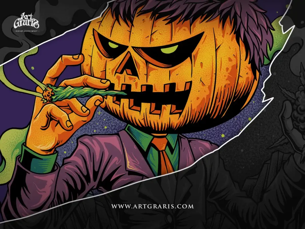 Jack o lantern character wearing a suit holding a lit joint and green herb bud.