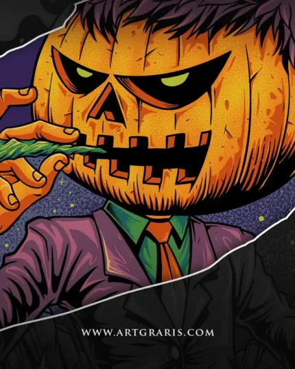 Jack o lantern character wearing a suit holding a lit joint and green herb bud.