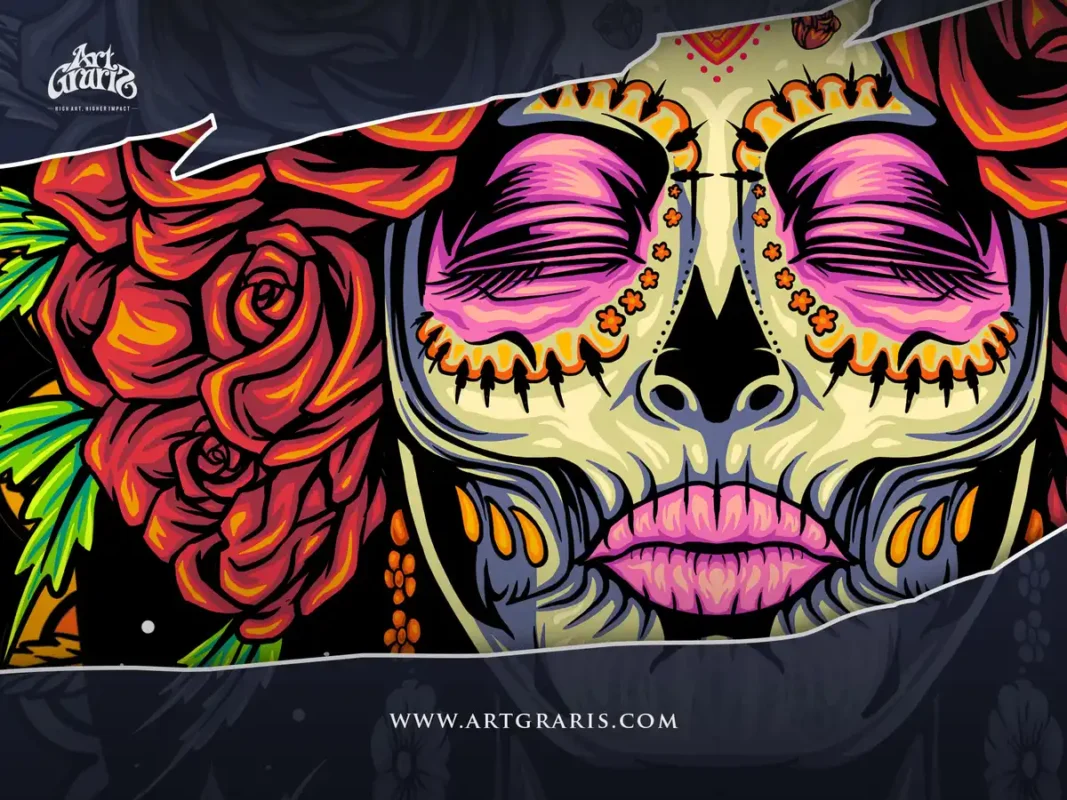 Mexican La Catrina gothic botanical sugar skull with smoke