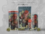 Creepy gothic character with fangs gripping sticky herb surrounded by smoky atmosphere.